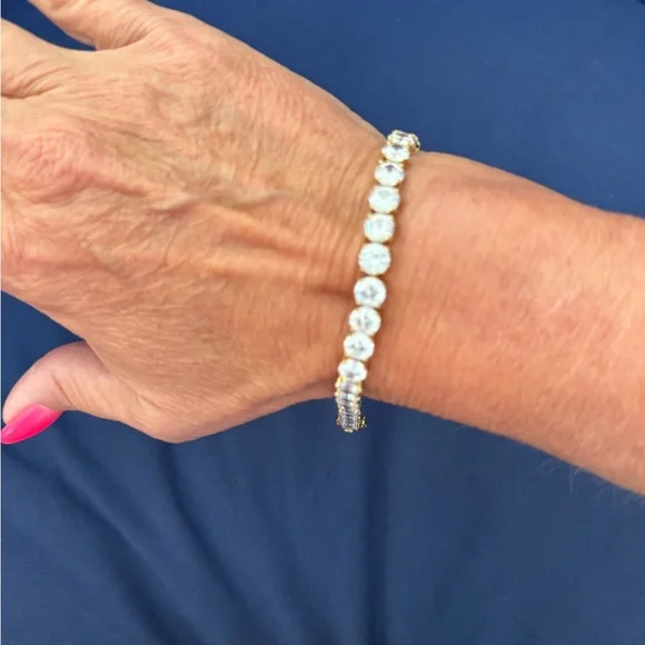 Gold Plated CZ Tennis Bracelet 7” Large Stone Sparkling Statement - Picture 3 of 3